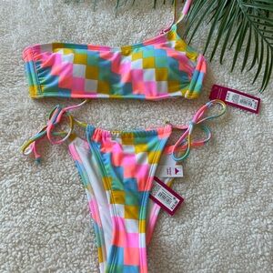 Vibrant Pink and Yellow Bikini with Bandeau Top and String Bottom